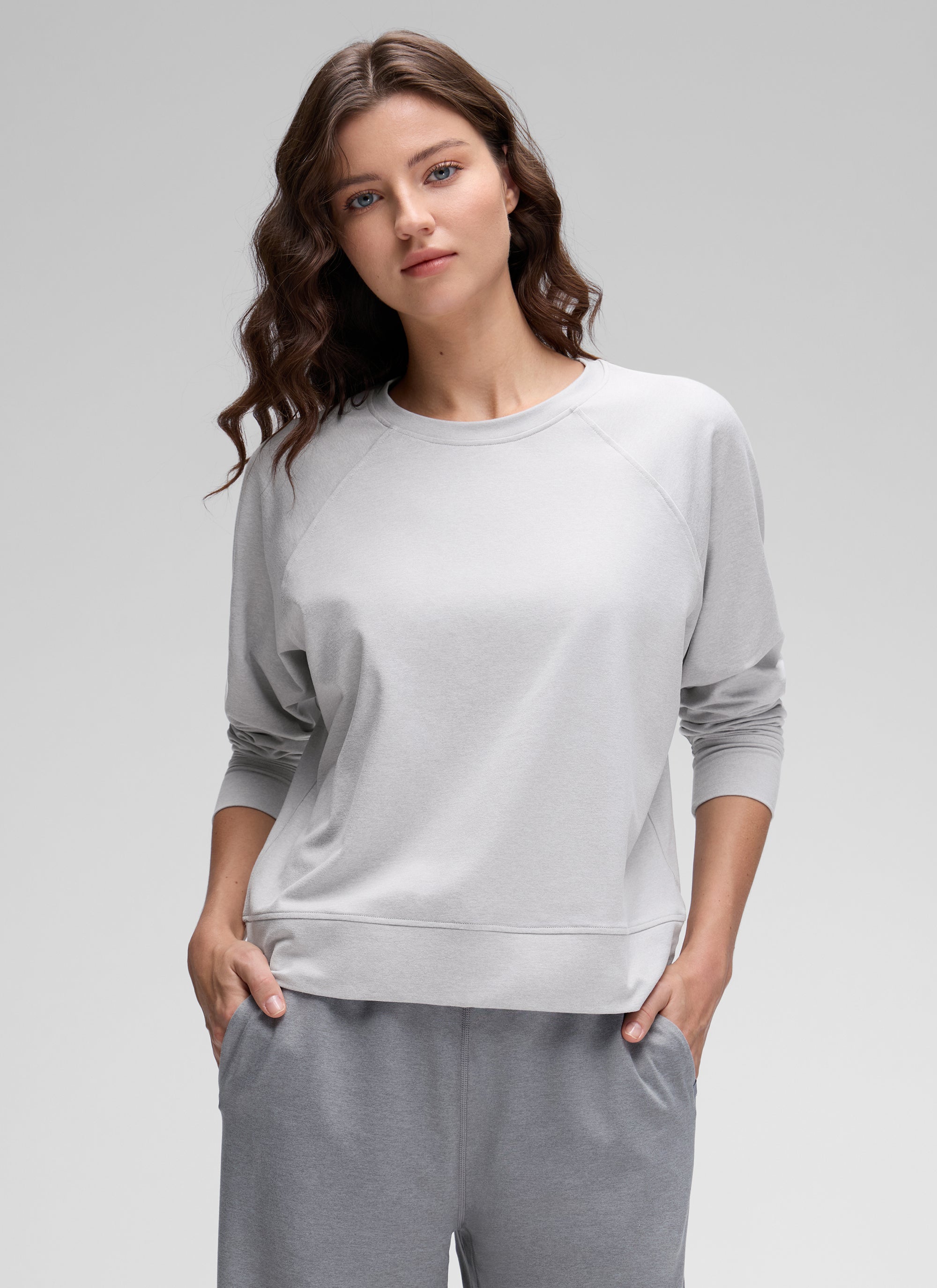 CRZ YOGA Women Casual Lightweight Relaxed Fit Long Sleeves Crew Neck Platinum Grey