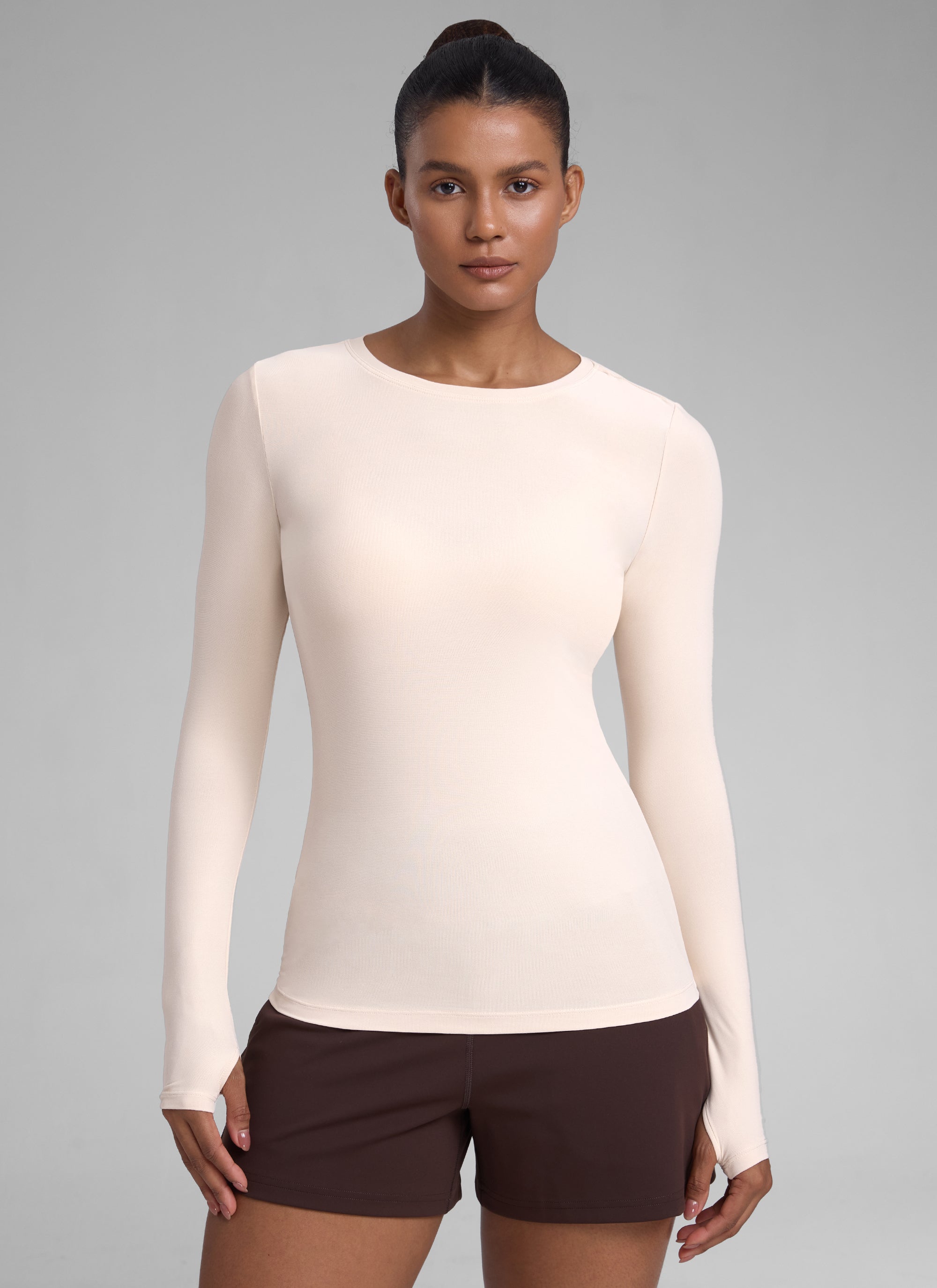 CRZYOGA Women's Cloudweight Workout Crewneck Long Sleeve Thumb Hole White Opal