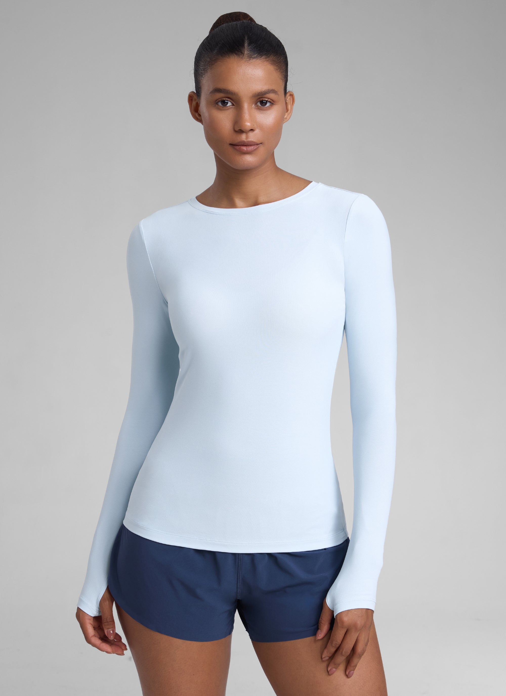 CRZYOGA Women's Cloudweight Workout Crewneck Long Sleeve Thumb Hole Blue Linen