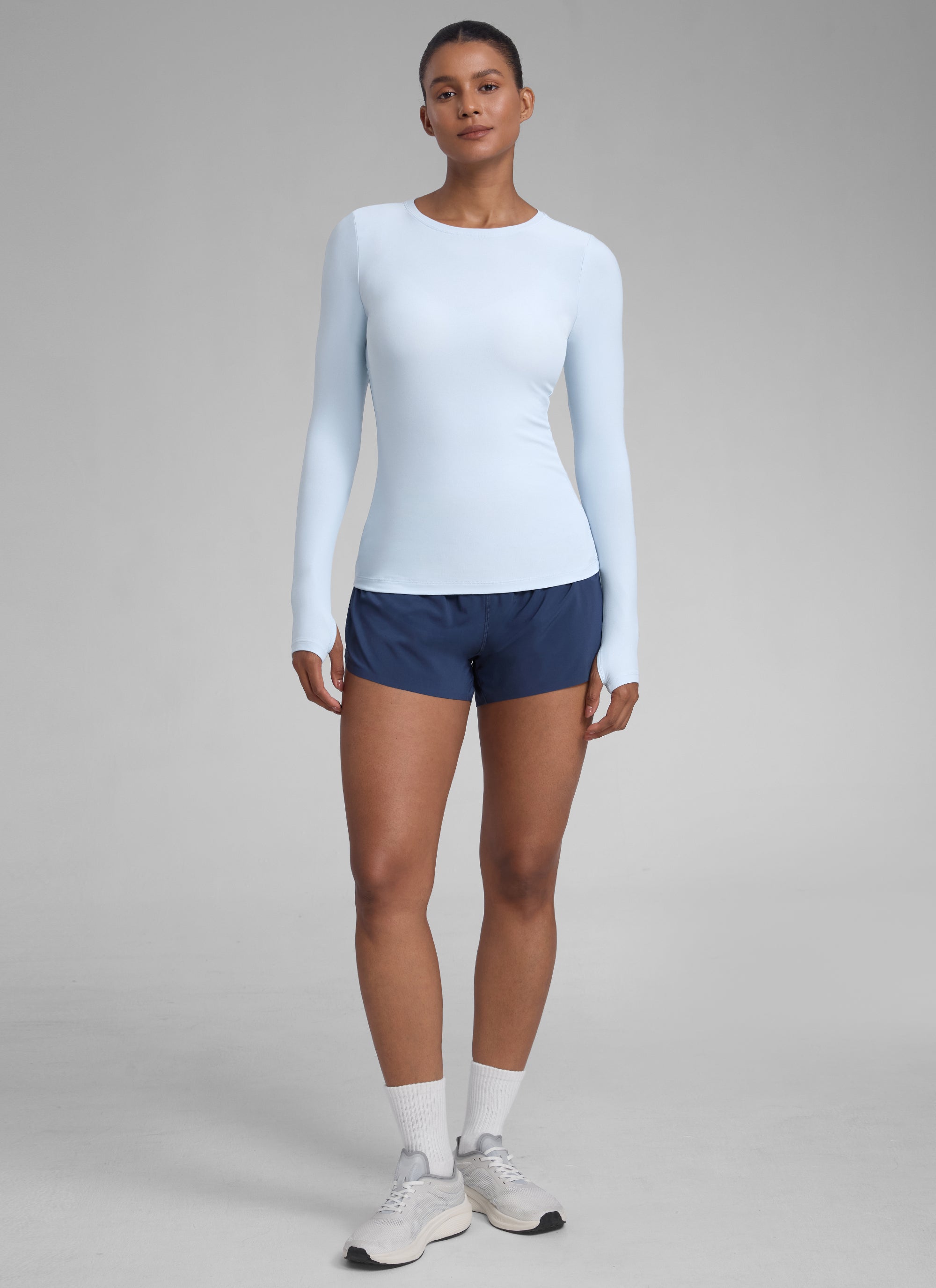 CRZYOGA Women's Cloudweight Workout Crewneck Long Sleeve Thumb Hole Blue Linen
