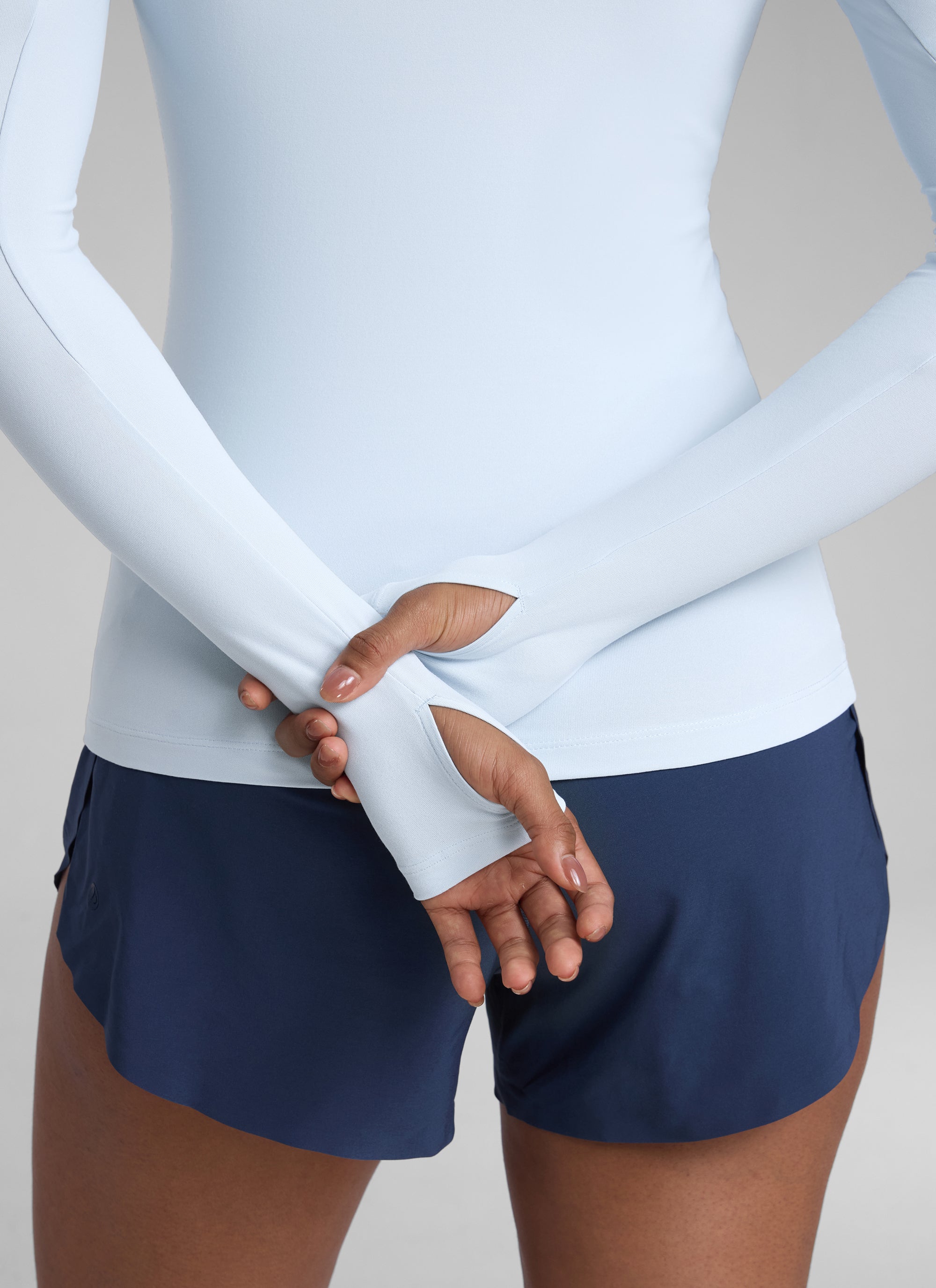 CRZYOGA Women's Cloudweight Workout Crewneck Long Sleeve Thumb Hole Blue Linen
