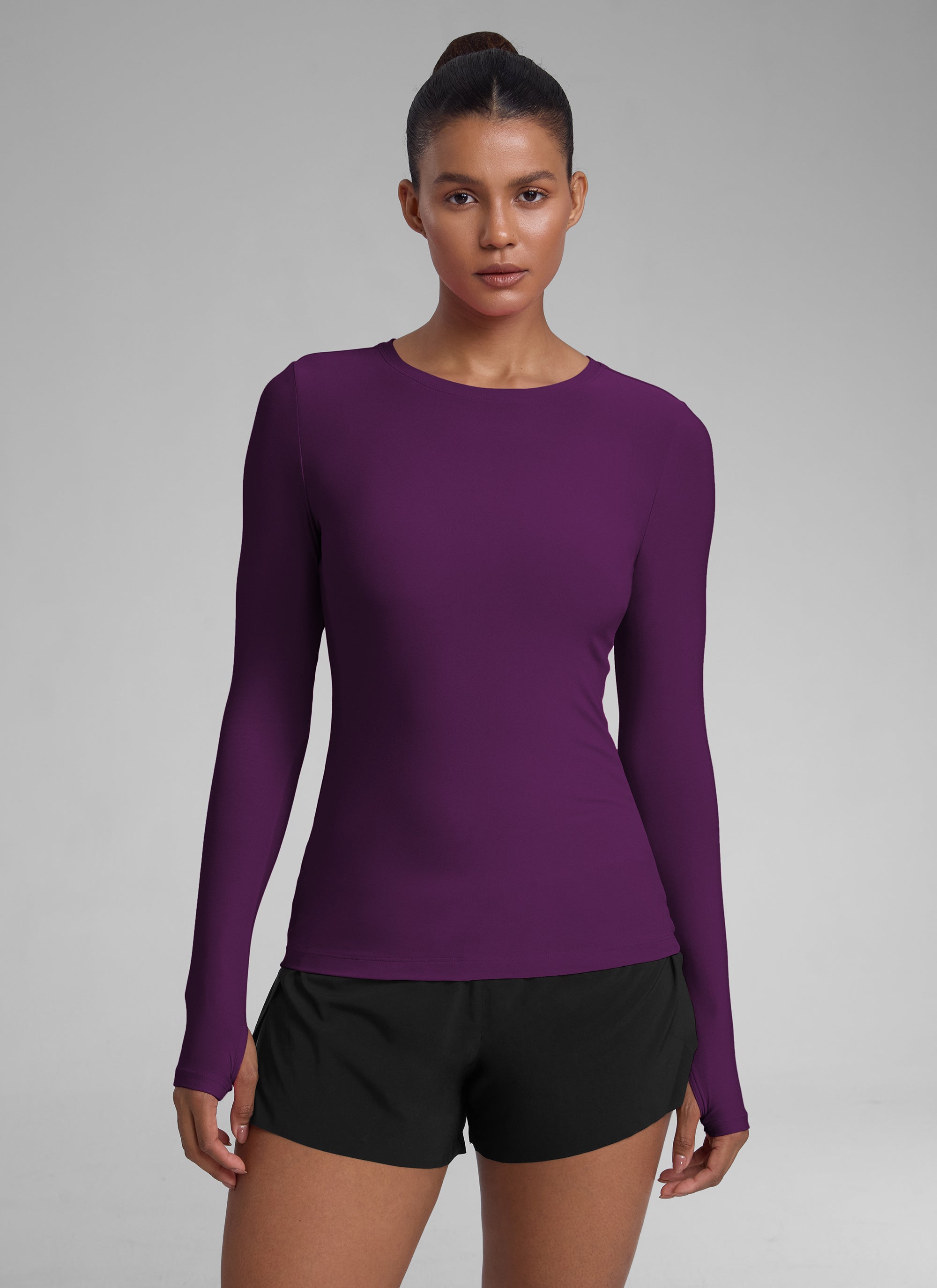 CRZYOGA Women's Cloudweight Workout Crewneck Long Sleeve Thumb Hole Plum Magenta