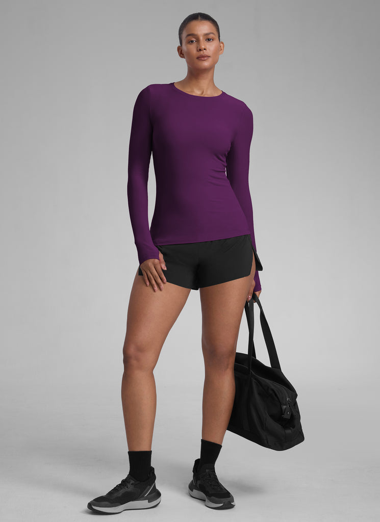 CRZYOGA Women's Cloudweight Workout Crewneck Long Sleeve Thumb Hole White Opal