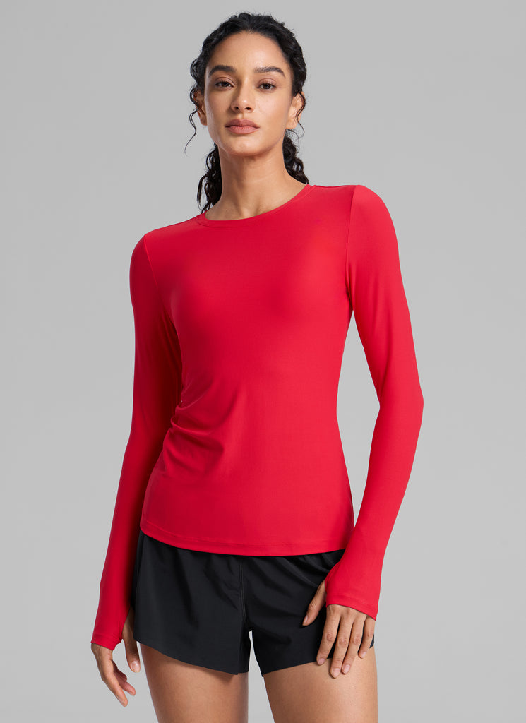 CRZYOGA Women's Cloudweight Workout Crewneck Long Sleeve Thumb Hole Cascadia Green