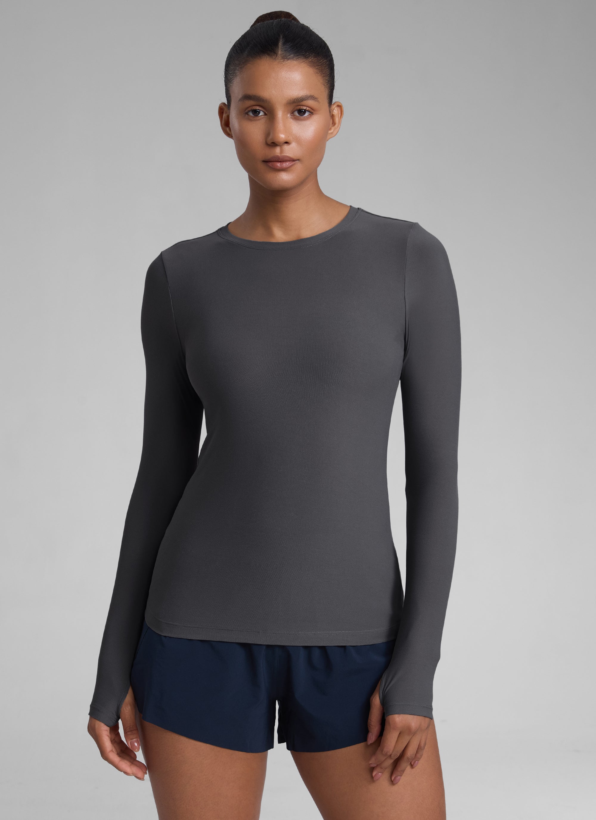 CRZYOGA Women's Cloudweight Workout Crewneck Long Sleeve Thumb Hole Mysterious Grey