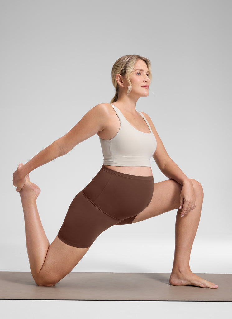 CRZ YOGA Women's Maternity Biker Shorts Super High Rise Butterluxe 4'' Coffee Brown