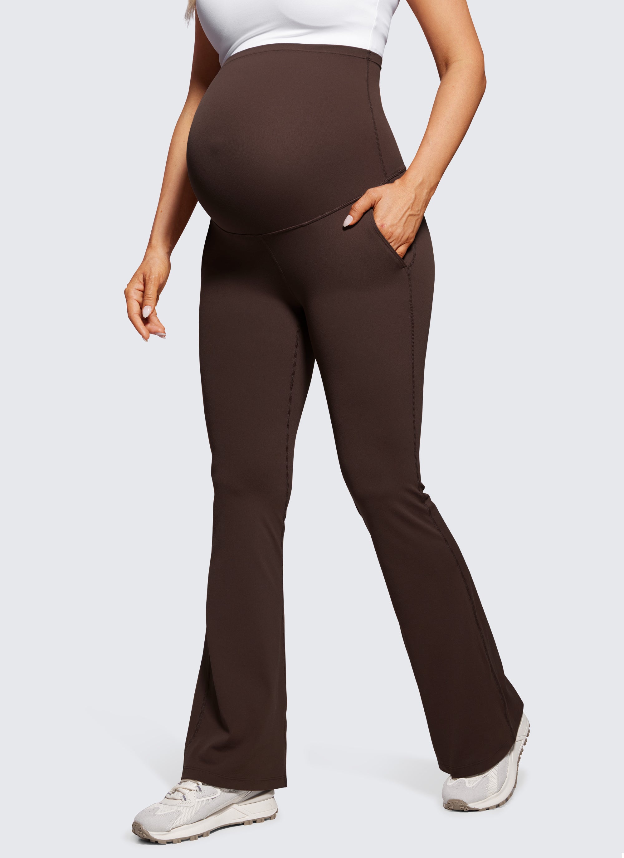 CRZ YOGA Women's Maternity Flare Leggings Pockets Butterluxe 31'' Coffee Brown