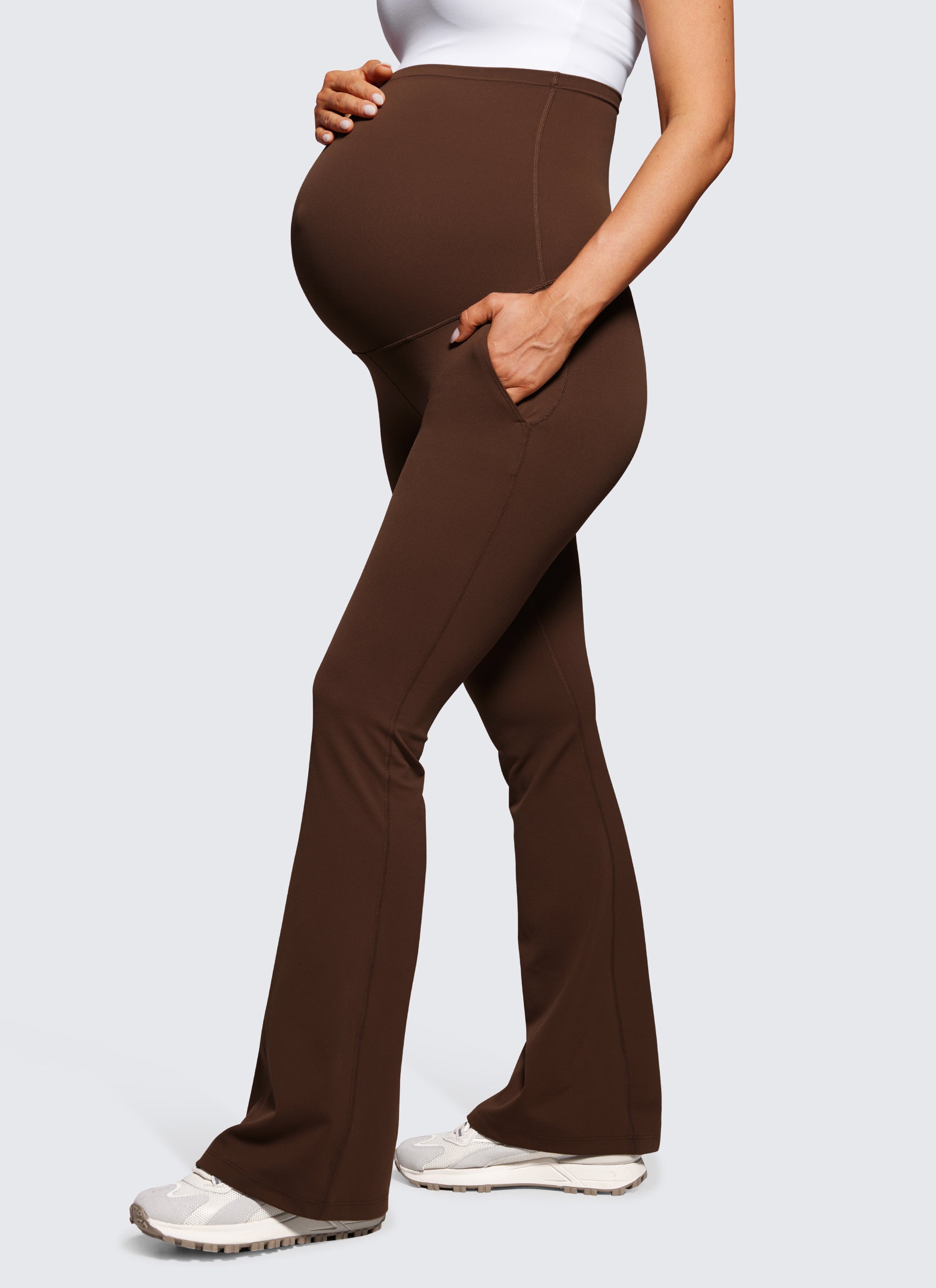 CRZ YOGA Women's Maternity Flare Leggings Pockets Butterluxe 31'' Hot Fudge Brown