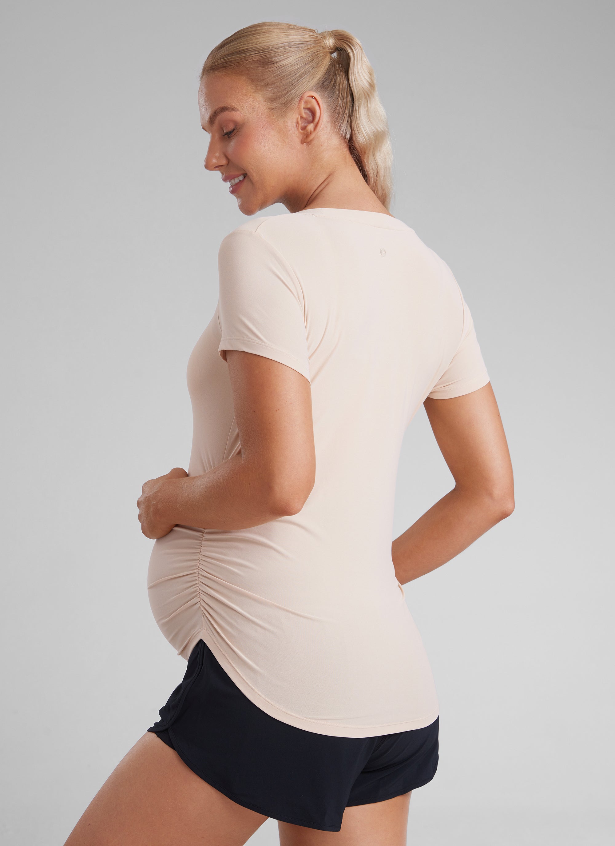 CRZ YOGA Women's Maternity Casual Shirts Short Sleeve Side Ruched Tops White Opal