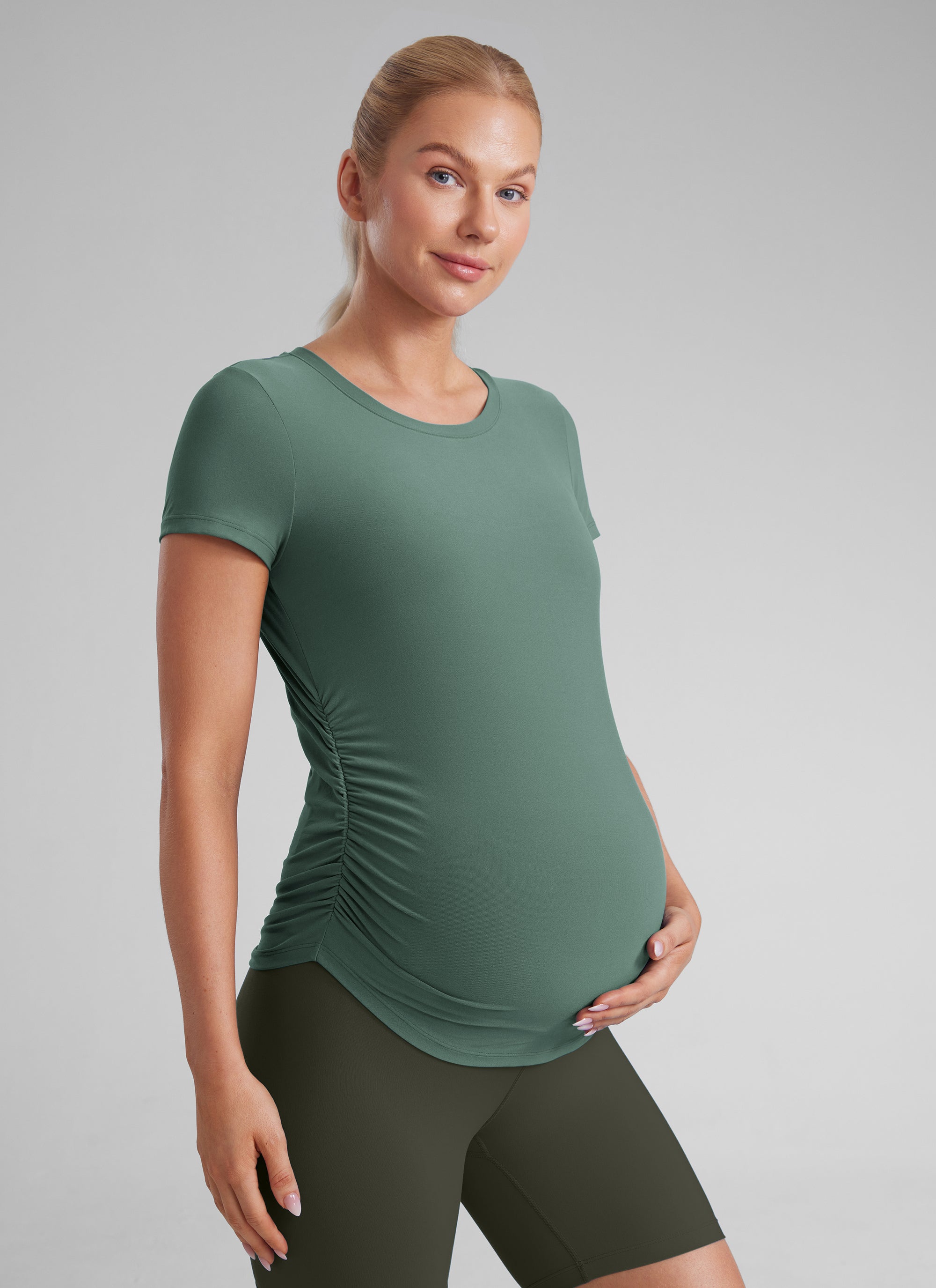 CRZ YOGA Women's Maternity Casual Shirts Short Sleeve Side Ruched Tops Graphite Green