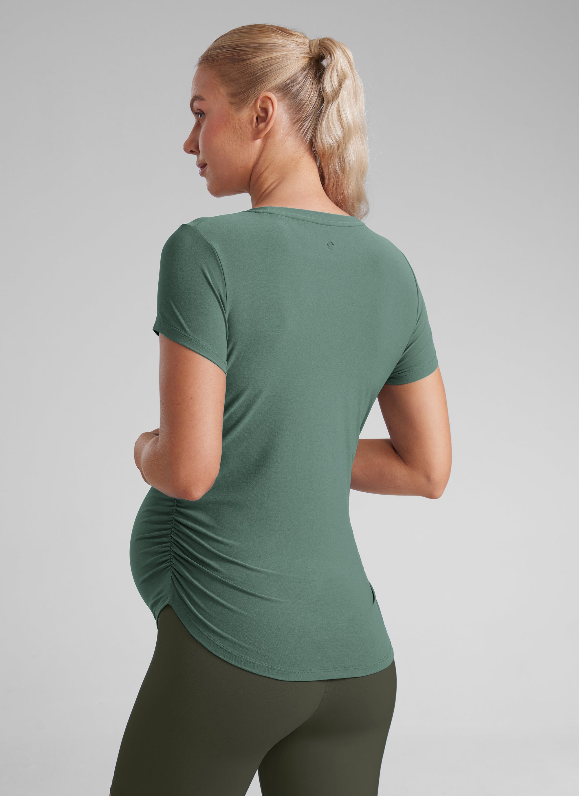 CRZ YOGA Women's Maternity Casual Shirts Short Sleeve Side Ruched Tops Graphite Green