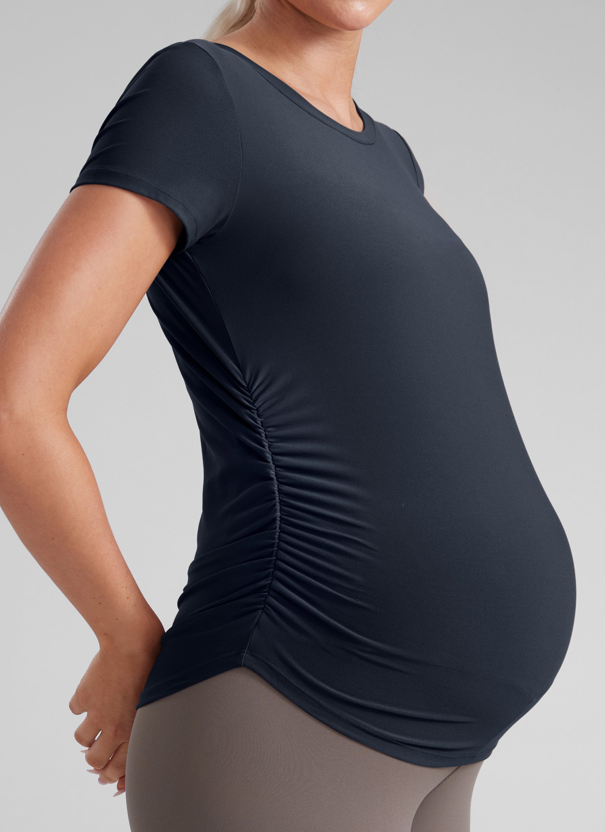 CRZ YOGA Women's Maternity Casual Shirts Short Sleeve Side Ruched Tops True Navy