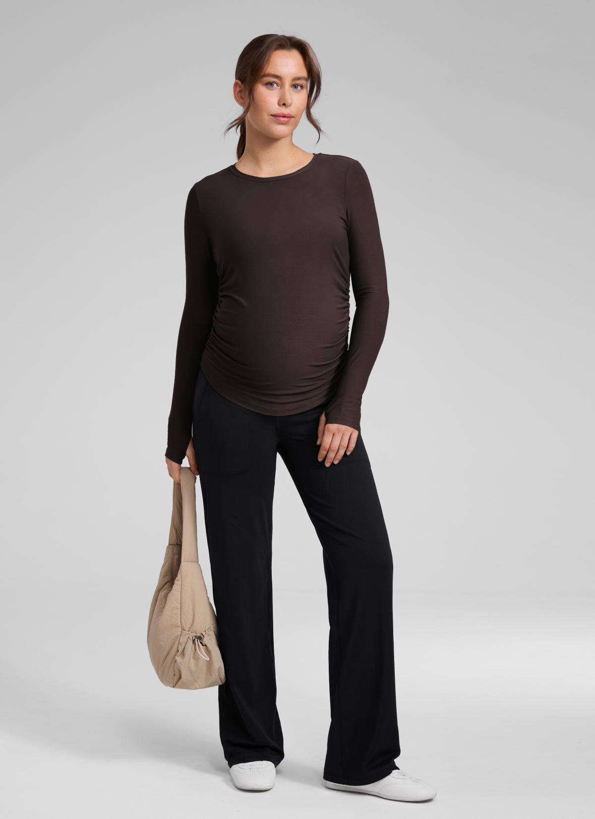 CRZ YOGA Women's Cloudweight Workout Crewneck Hip Length Long Sleeves Hot Fudge Brown