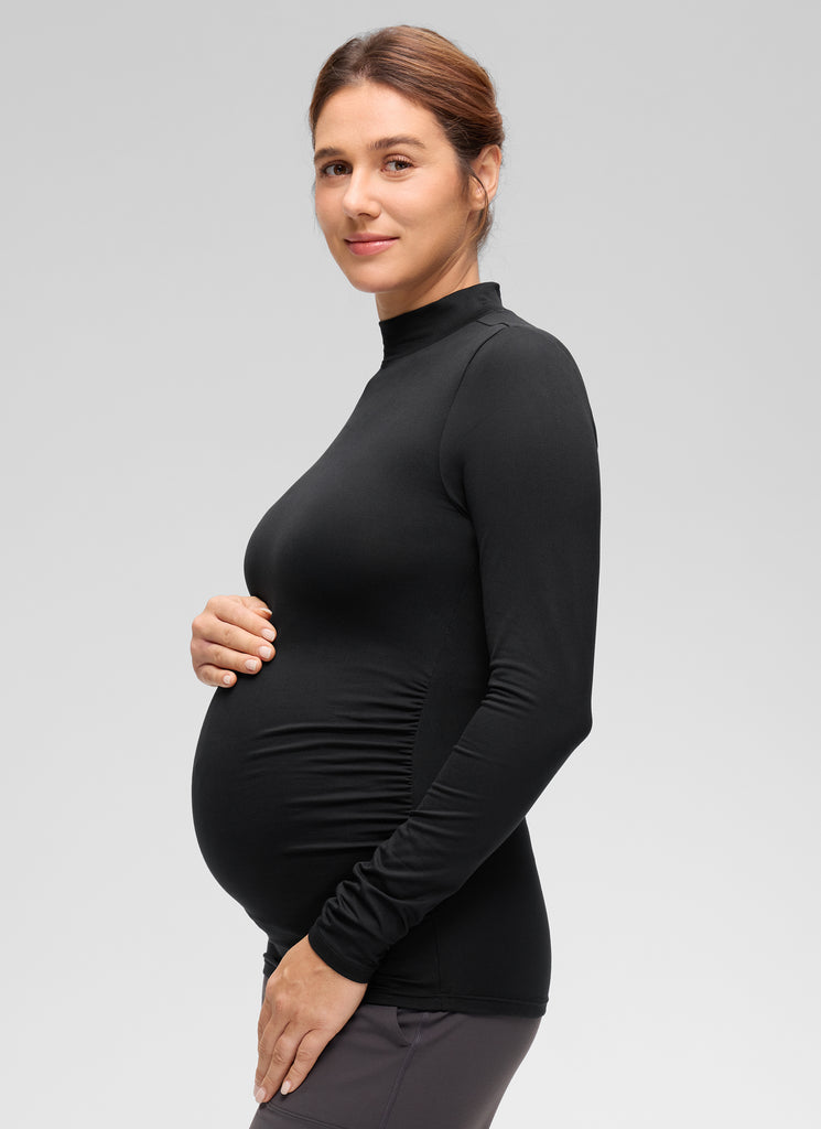 CRZ YOGA Women's Cloud Jersey Maternity Casual Mock Neck Ruched Shirt Black