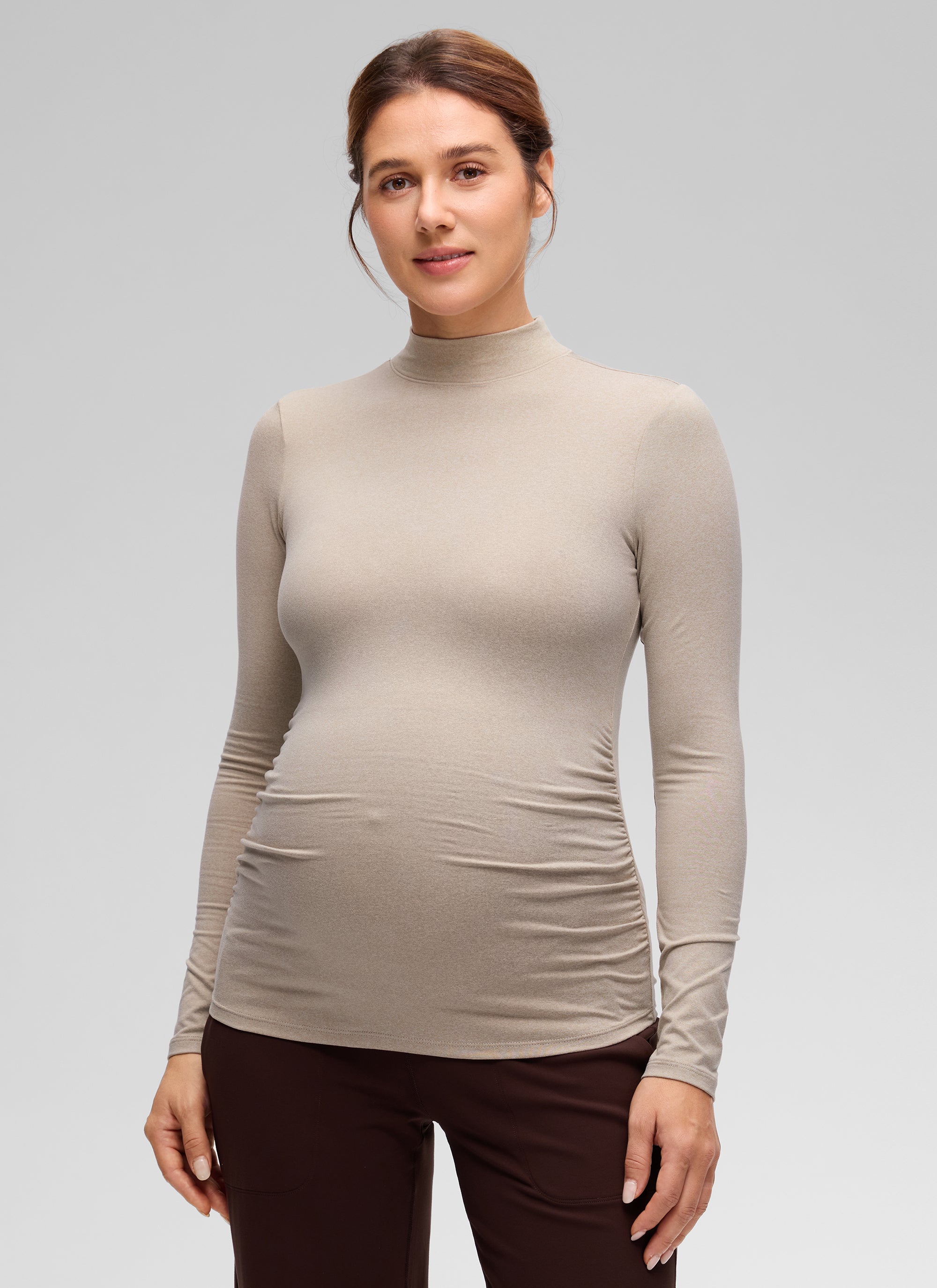 CRZ YOGA Women's Cloud Jersey Maternity Casual Mock Neck Ruched Shirt Milky White
