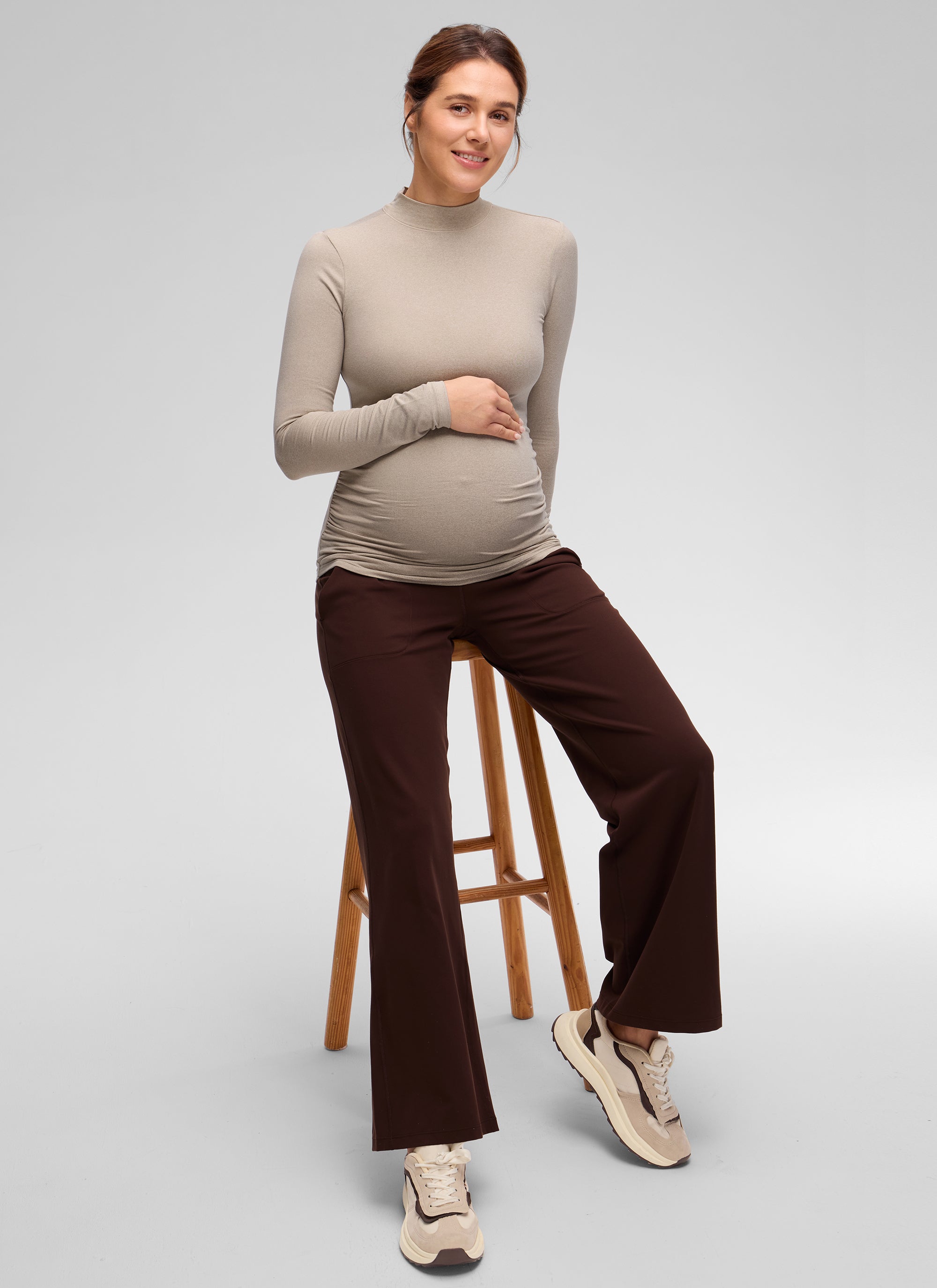 CRZ YOGA Women's Cloud Jersey Maternity Casual Mock Neck Ruched Shirt Mojave Tan