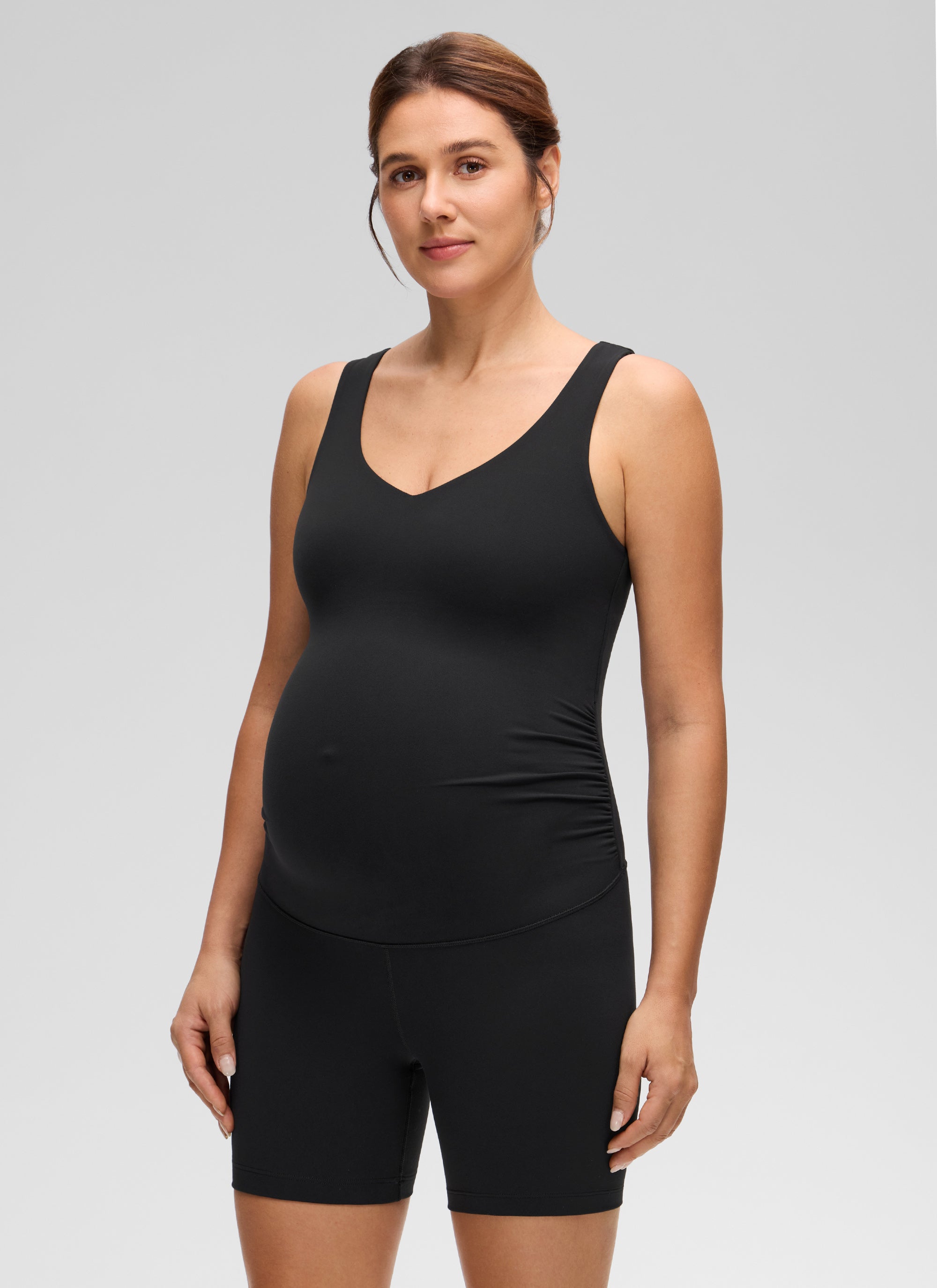 CRZ YOGA Women's Butterluxe Maternity V Neck Slim Fit Rompers 5'' Hot Fudge Brown