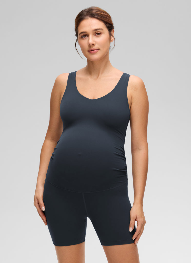 CRZ YOGA Women's Butterluxe Maternity V Neck Slim Fit Rompers 5'' Black