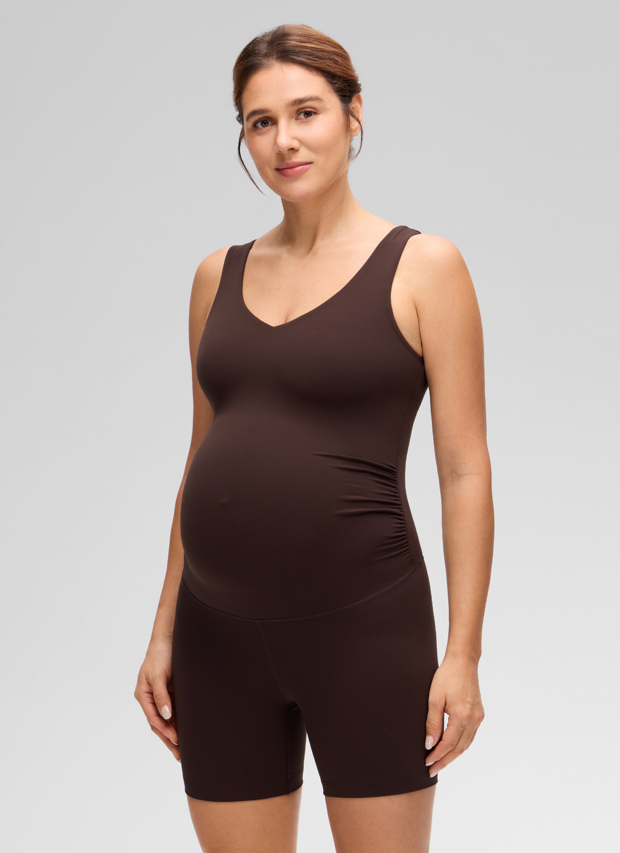 CRZ YOGA Women's Butterluxe Maternity V Neck Slim Fit Rompers 5'' Hot Fudge Brown