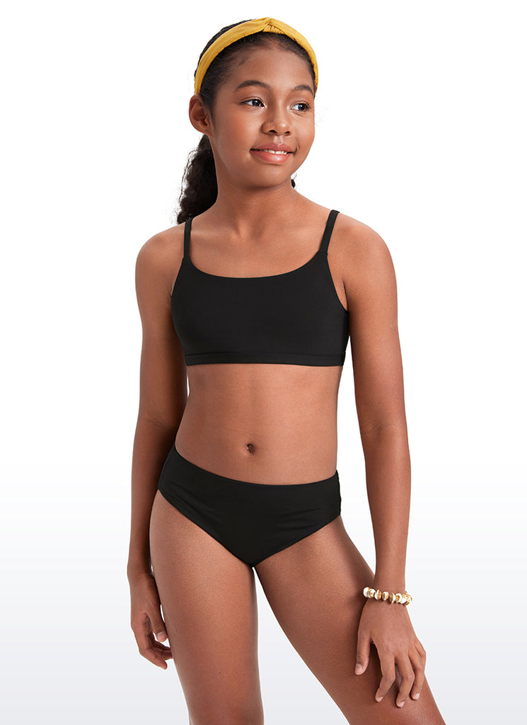 CRZ YOGA Girls Swim Bikini Set Scoop Neck Mid Rise Bottom Swimsuit Black