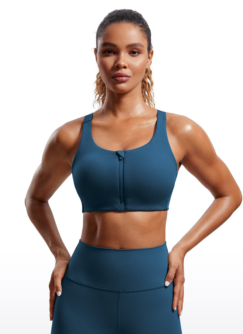 CRZ YOGA Womens Zip Front High Impact Sport Bra with Adjustable Straps